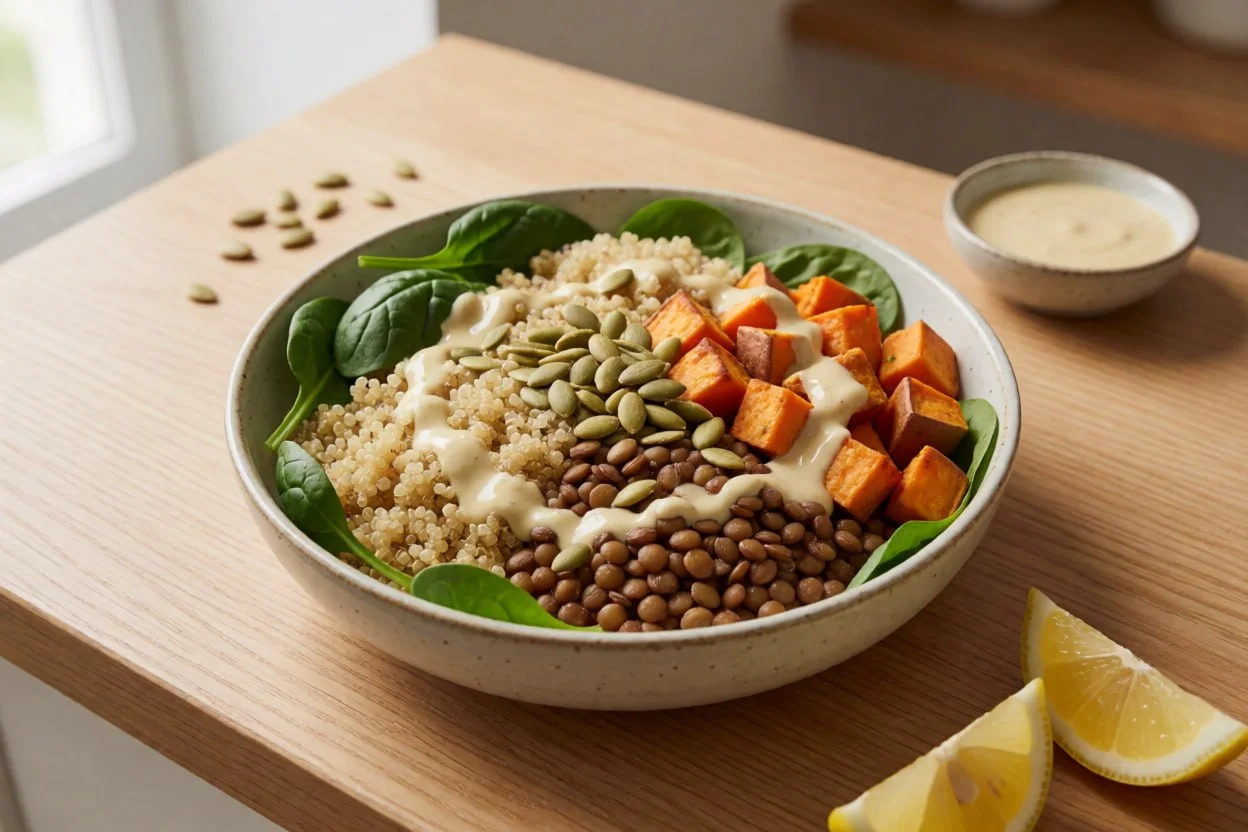 High-protein lentil and quinoa bowl with roasted sweet potatoes, spinach, pumpkin seeds and tahini-lemon dressing