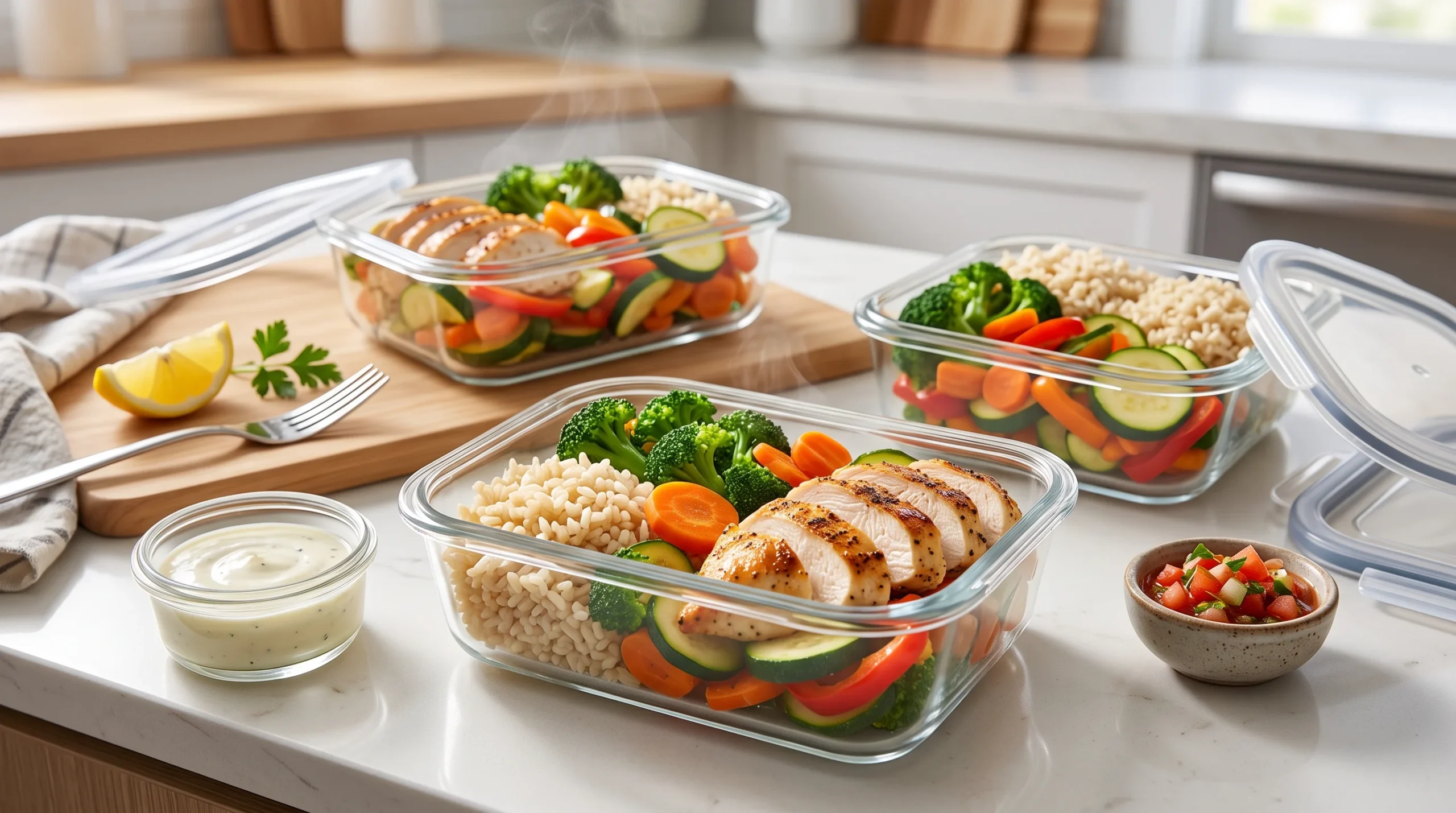 Meal prep containers with rice, vegetables and lean protein for high-protein recipes
