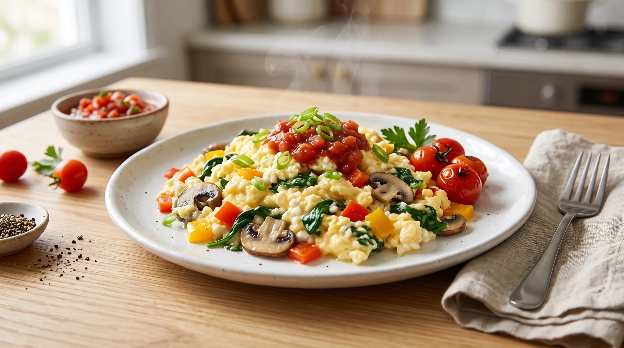 Poached egg with vegetables and tomatoes, a high-protein breakfast idea