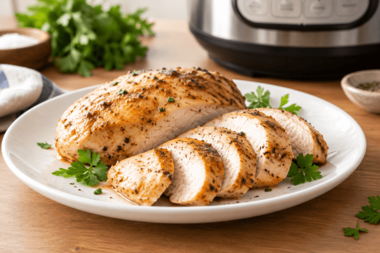 Seasoned frozen chicken breasts on a trivet in an Instant Pot.