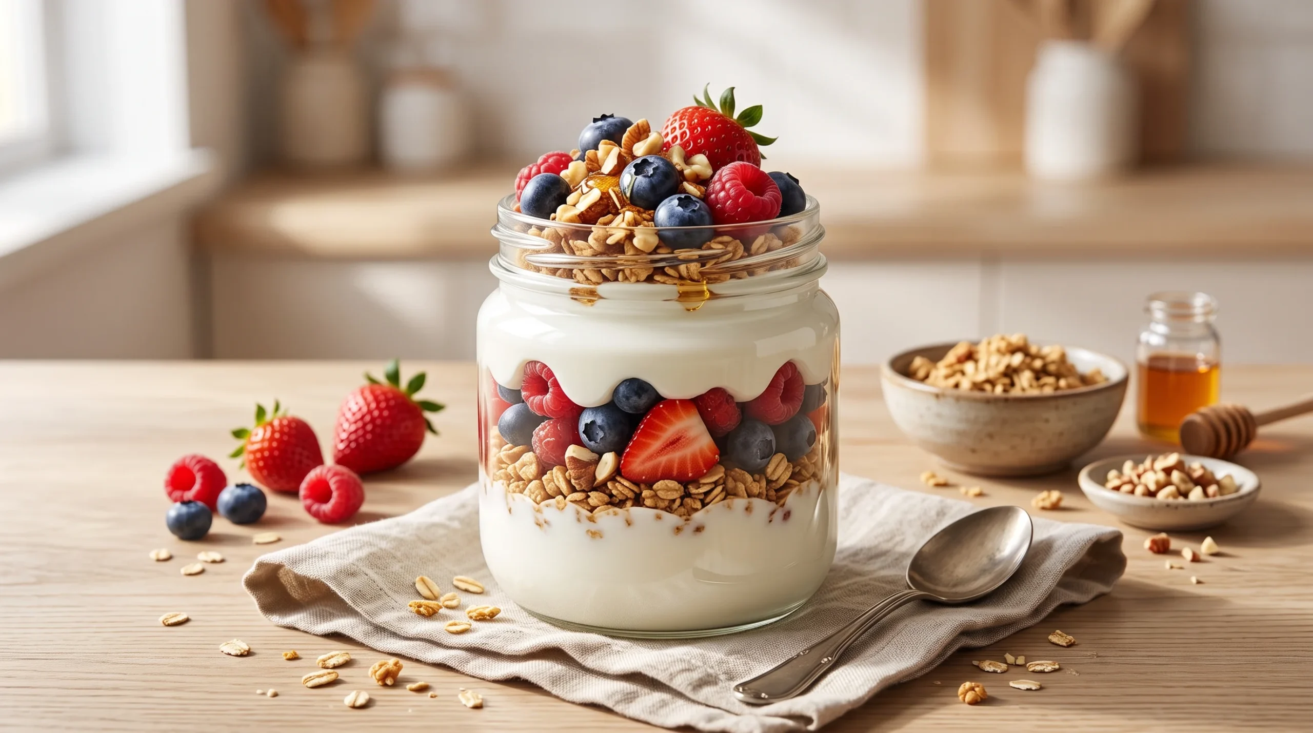 Yogurt bowl with fresh fruit next to a cup of coffee, a healthy breakfast idea