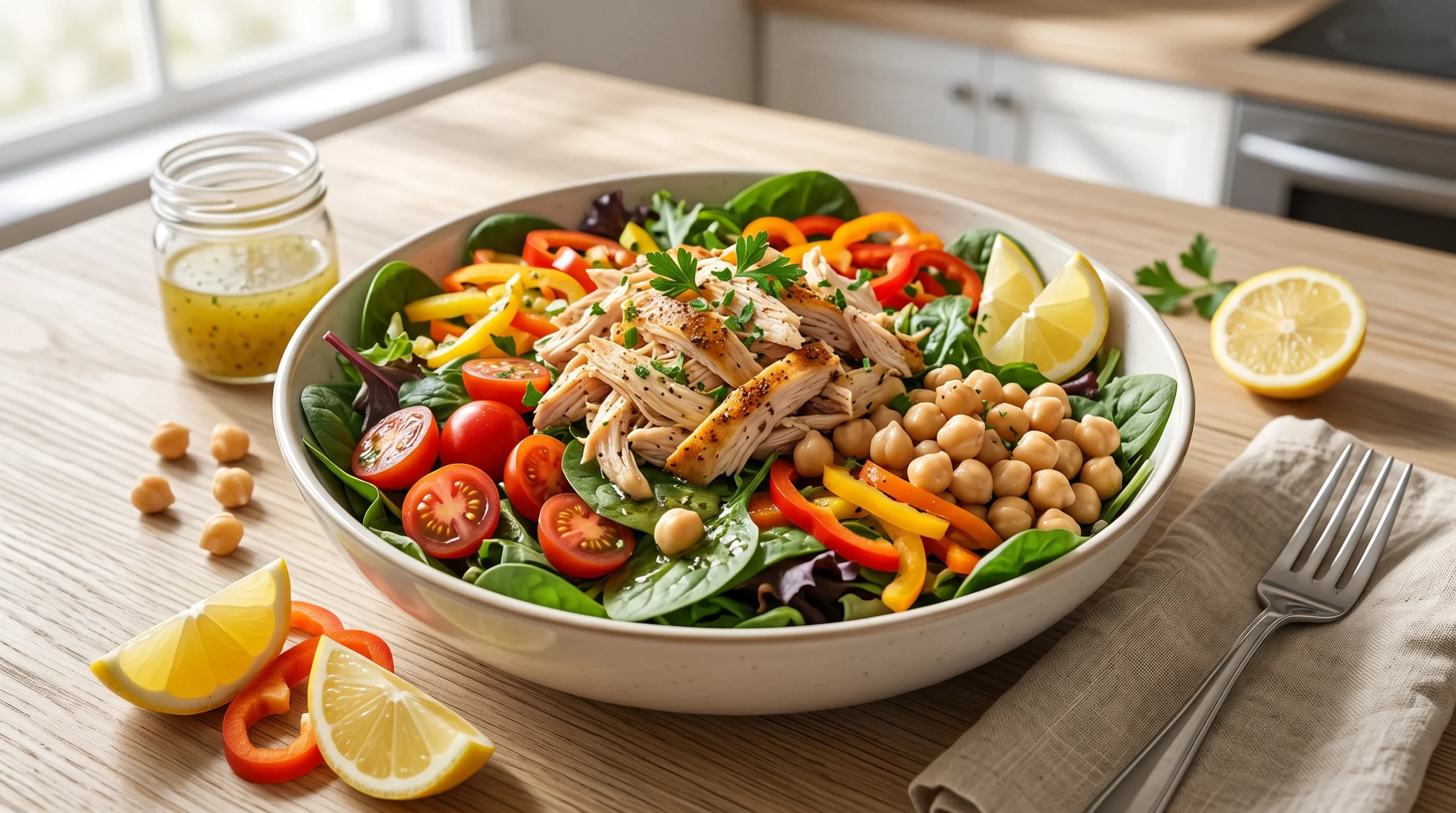 Sliced chicken breast with peas, an easy high-protein dinner recipe
