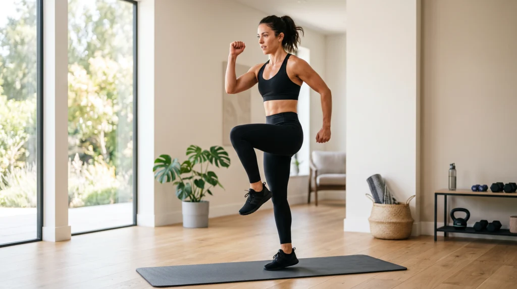 Athletic woman performing a standing high-knee drive with one knee lifted toward her chest.