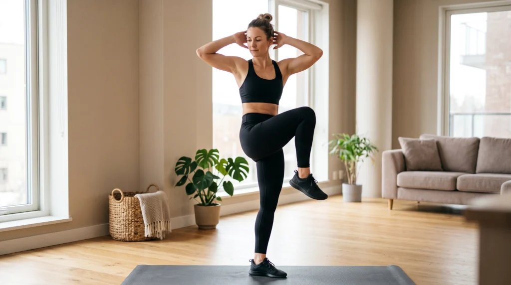 Athletic woman performing a standing knee-to-elbow crunch with her right knee raised toward her left elbow.
