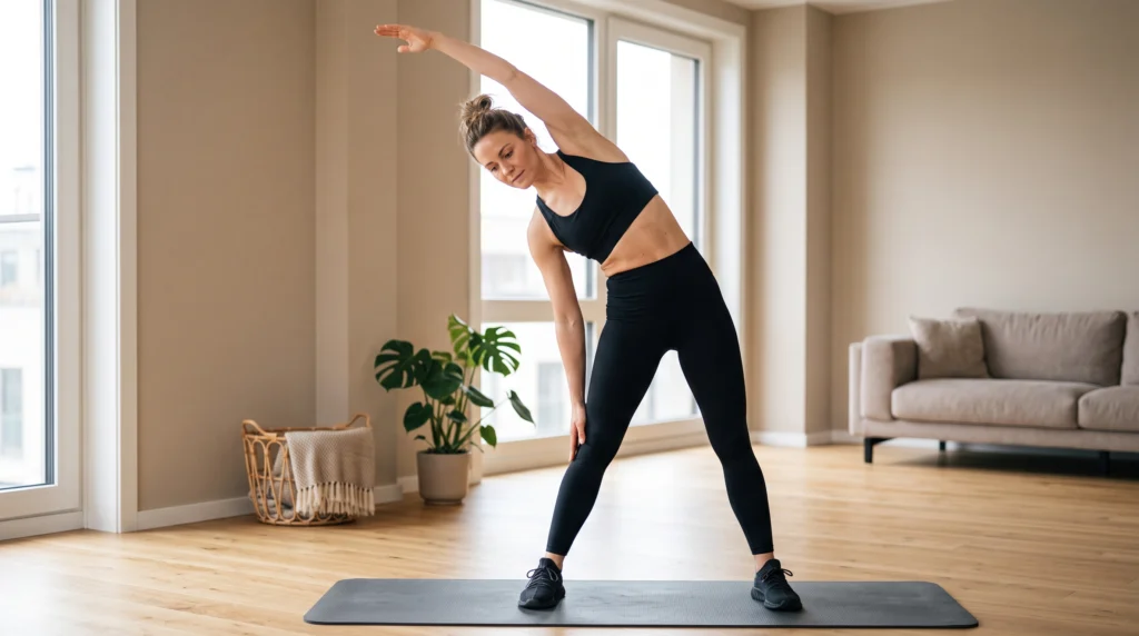 Athletic woman performing a standing side crunch with one arm overhead and both feet planted firmly on the floor.