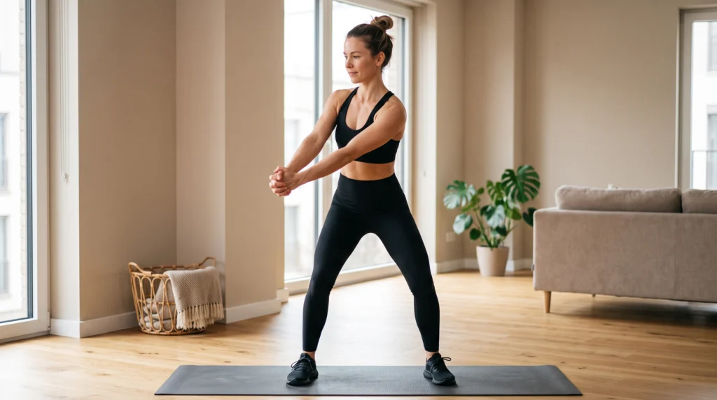 Athletic woman performing a standing wood chop, moving her clasped hands diagonally from one shoulder toward the opposite hip.