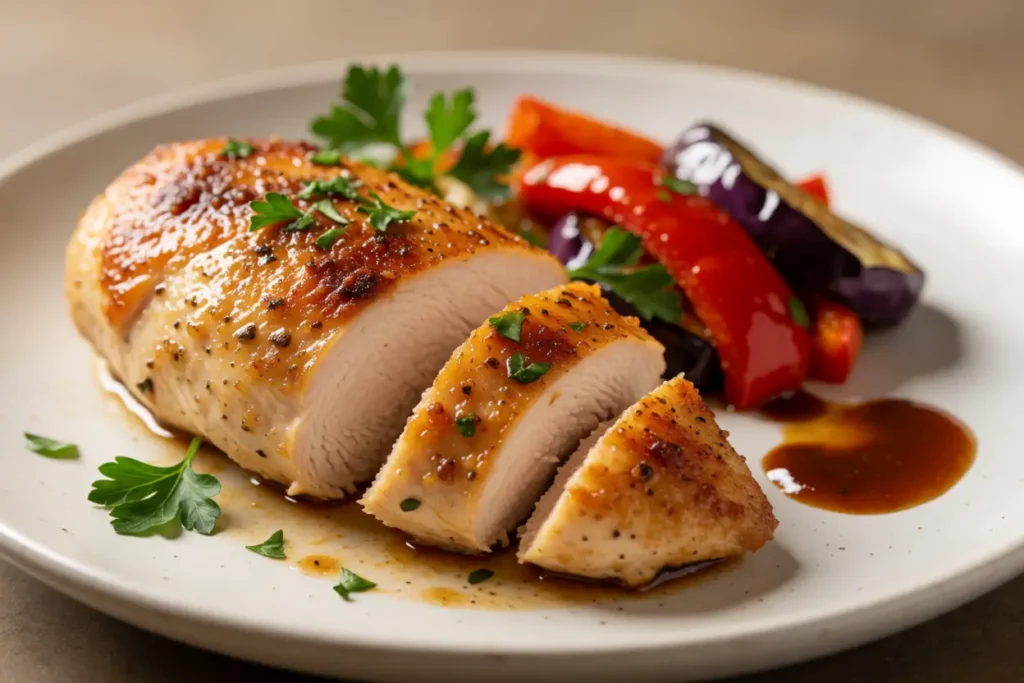 a juicy, perfectly cooked chicken breast plate
