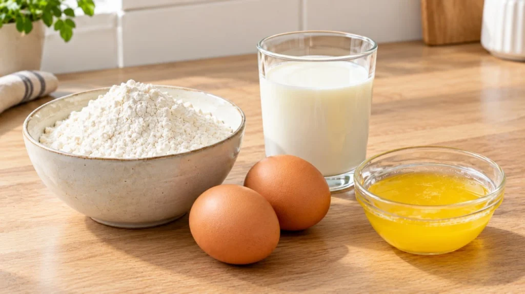 Healthy crepe ingredients: flour, eggs, milk, and melted butter arranged beside homemade golden crepes.