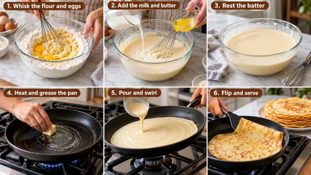 Six-step visual guide to making healthy crepes, from mixing the batter to cooking, flipping, and serving.