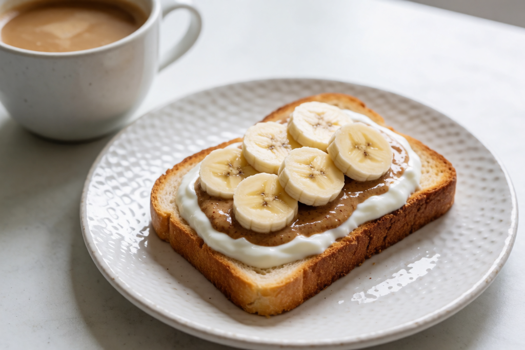 Slice of Greek yogurt bread served with toppings.