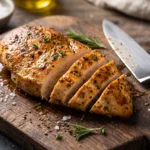 Air Fryer Frozen Chicken Breast: A juicy, seasoned sliced chicken breast on a rustic wooden cutting board with a chef's knife beside it.