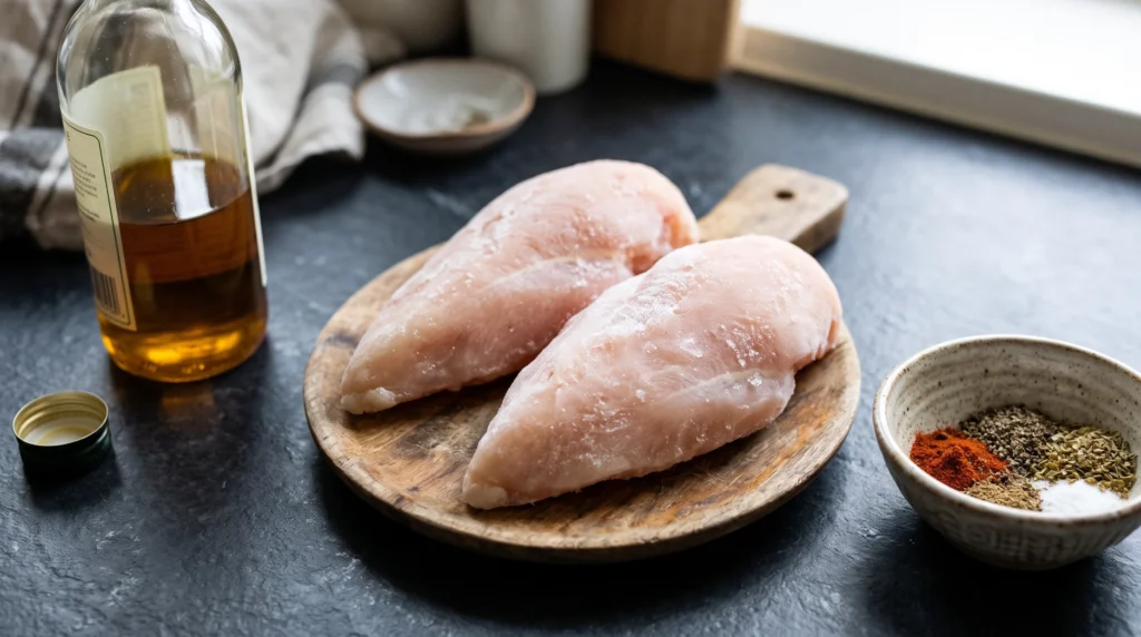 A countertop with two frozen chicken breasts on a small wooden board, a bowl of mixed spices, and a bottle of olive oil.