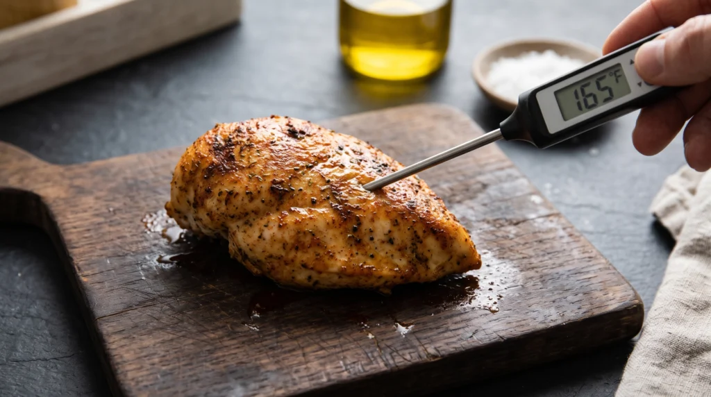 A close-up photograph of a digital meat thermometer inserted into the thickest part of a cooked, seasoned chicken breast on a wooden cutting board, with the screen clearly displaying 165°F.