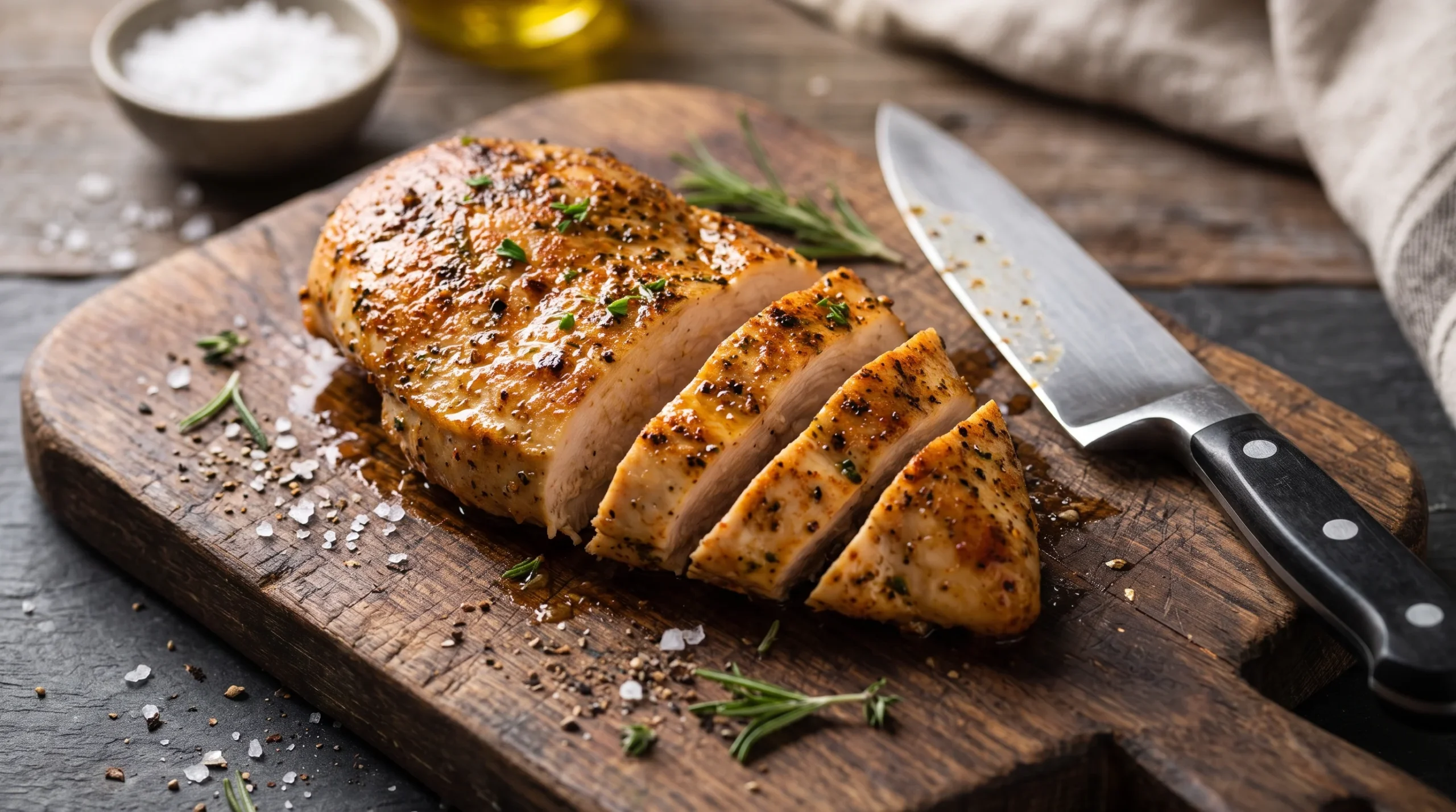 Air Fryer Frozen Chicken Breast: A juicy, seasoned sliced chicken breast on a rustic wooden cutting board with a chef's knife beside it.