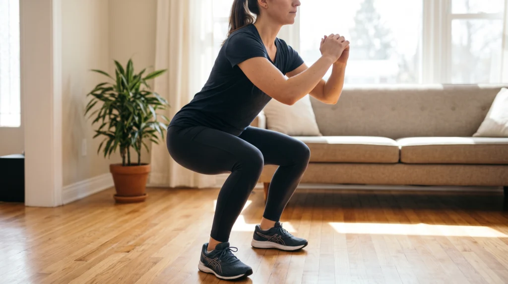 A woman in athletic wear demonstrating a bodyweight squat on a hardwood floor in a sunlit living room.