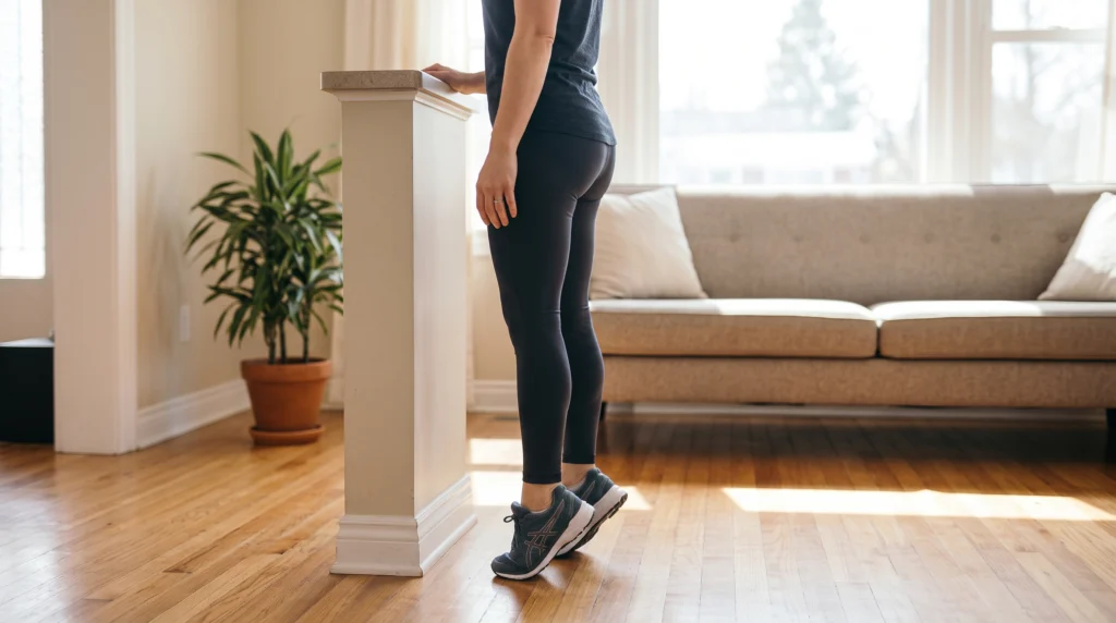 A woman in athletic wear demonstrating calf raises on a hardwood floor in a sunlit living room, holding onto a pillar for balance.