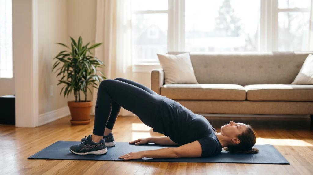 A woman in athletic wear demonstrating a glute bridge on a yoga mat on a hardwood floor in a sunlit living room.