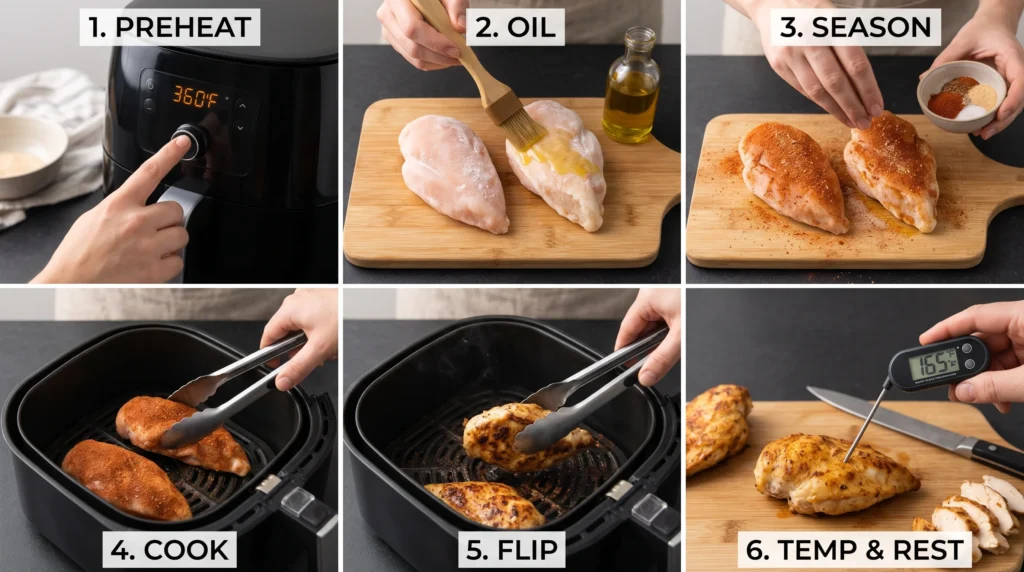 A 6-step photographic guide on "How to Cook Frozen Chicken Breast in the Air Fryer," showing the process to preheat the air fryer, oil the frozen chicken, season it, cook, flip, and check the temperature.