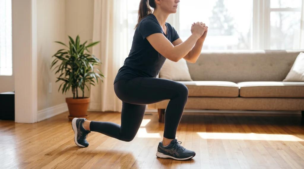 A woman in athletic wear demonstrating a reverse lunge on a hardwood floor in a sunlit living room.