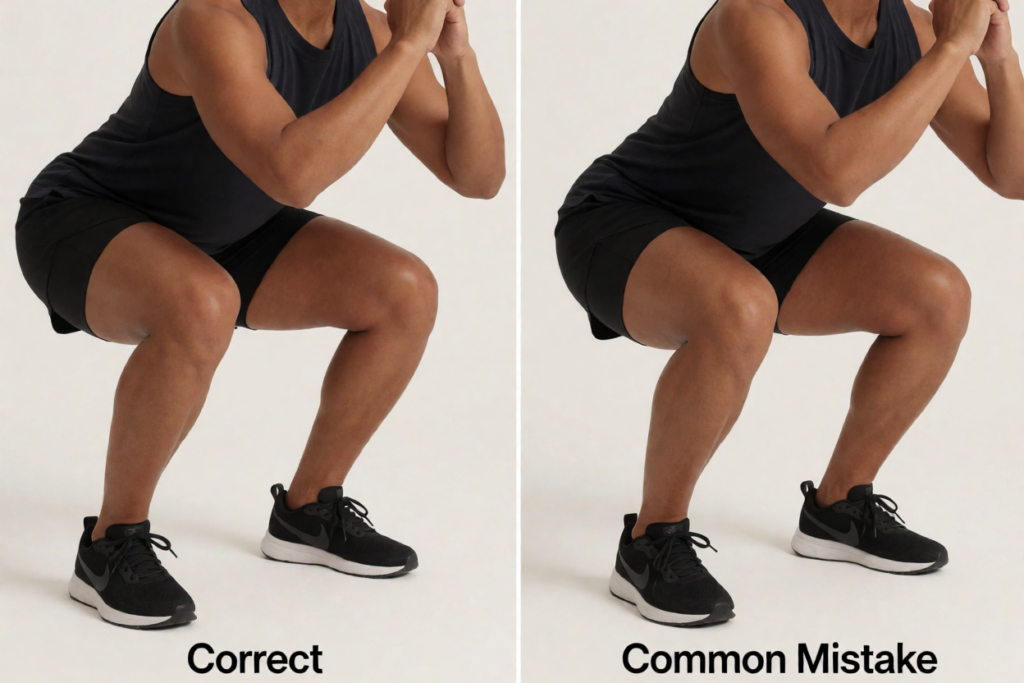  Two squat variations demonstrating common mistakes to avoid