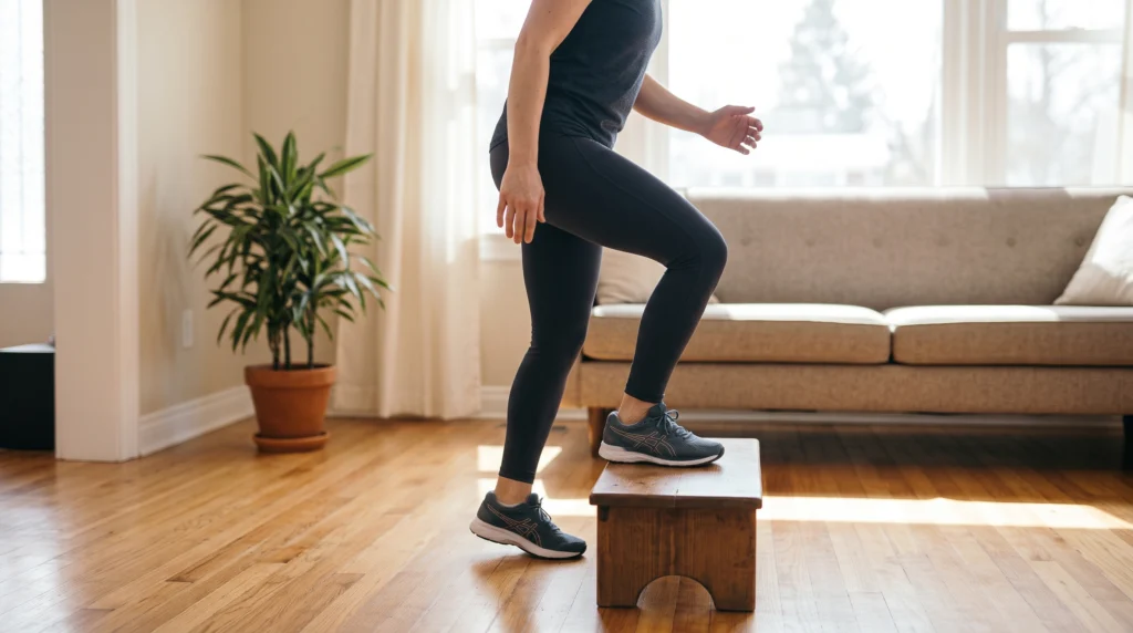 A woman in athletic wear demonstrating step-ups onto a sturdy, low wooden step on a hardwood floor in a sunlit living room.