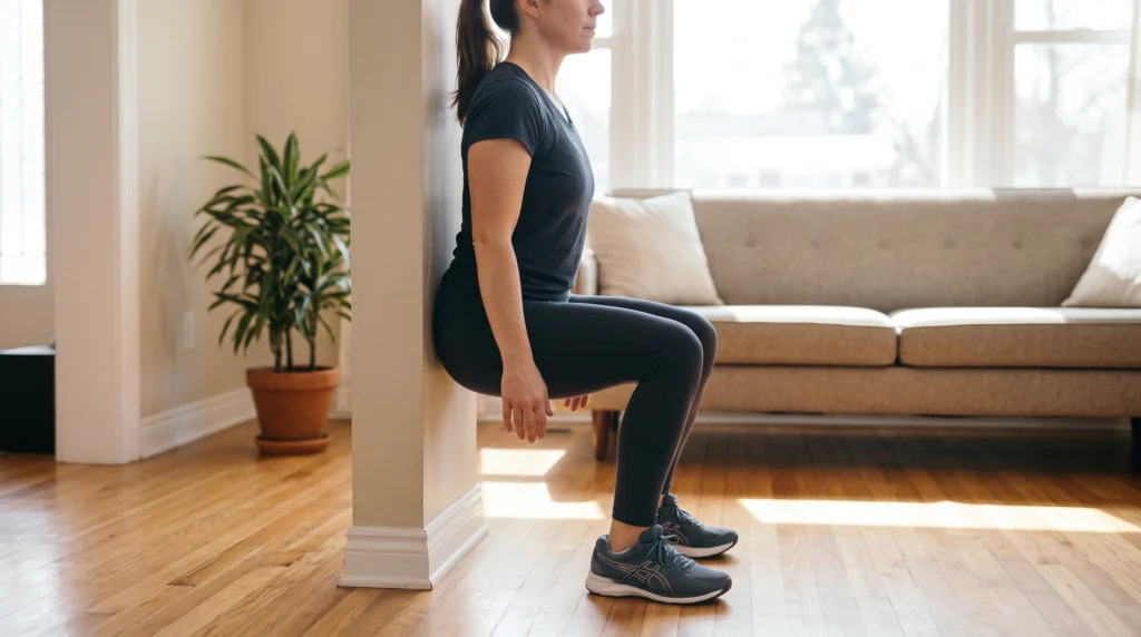 A woman in athletic wear demonstrating a wall sit with her back flat against a wall, knees bent at 90 degrees on a hardwood floor in a sunlit living room.