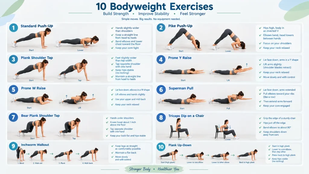 Infographic of 10 bodyweight upper body exercises.