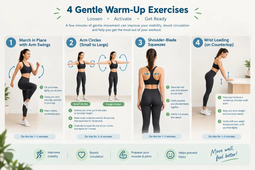 Four warm-up exercises: marching, arm circles, shoulder-blade squeezes and wrist loading.