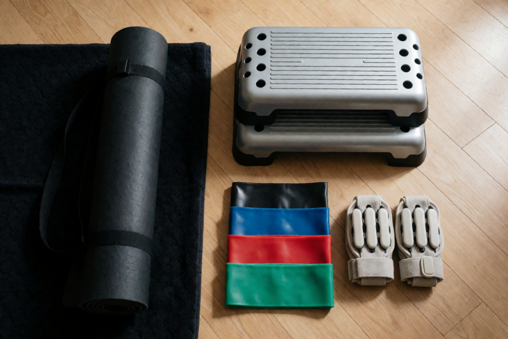 Leg workout at home equipment including a yoga mat, step platform, resistance bands and ankle weights