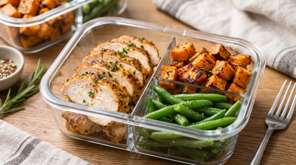 A glass meal prep container filled with sliced air-fried chicken breast, roasted sweet potato cubes, and steamed green beans, with a fork resting nearby on a wooden table.